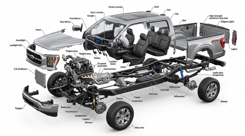 Cutaway diagram of a pickup truck showing engine, chassis, interior, bed, and suspension components.