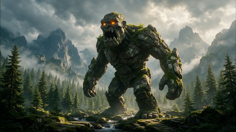 Roaring moss-covered stone golem with glowing orange eyes stands in a misty mountain pine forest