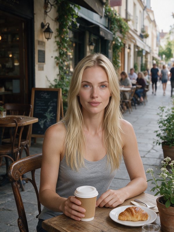 Blonde woman sits at outdoor Parisian cafe table holding a takeaway coffee, with a fresh croissan...