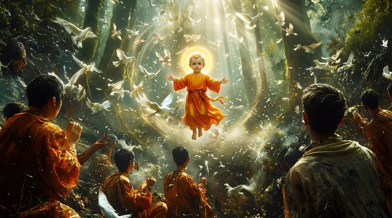Child monk in orange robes levitating with a glowing halo in a sunlit forest surrounded by doves.