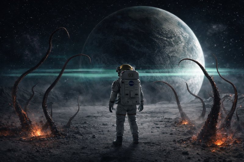 Astronaut on a barren moon facing a distant giant planet with glowing, tentacle-like flora.