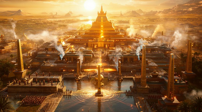 Golden temple complex at sunset with tiered central stupa, reflecting pools, and smoky skies.