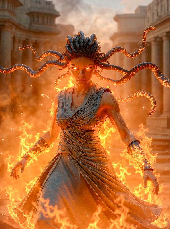 Mythic Medusa with fiery serpents in braided hair and glowing eyes amid molten flames in ancient ...