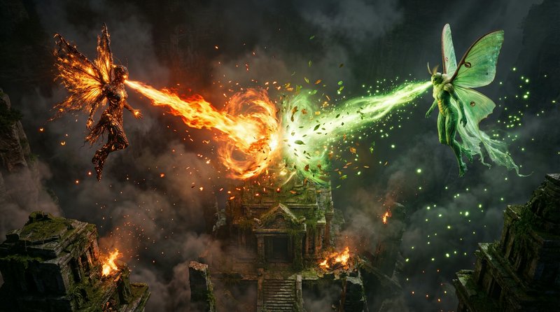 Two winged elemental fighters duel above a crumbling ancient temple, fiery orange vs emerald gree...