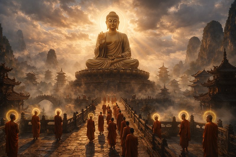 Giant Buddha statue overlooking a misty temple complex as monks walk toward it on a stone bridge.