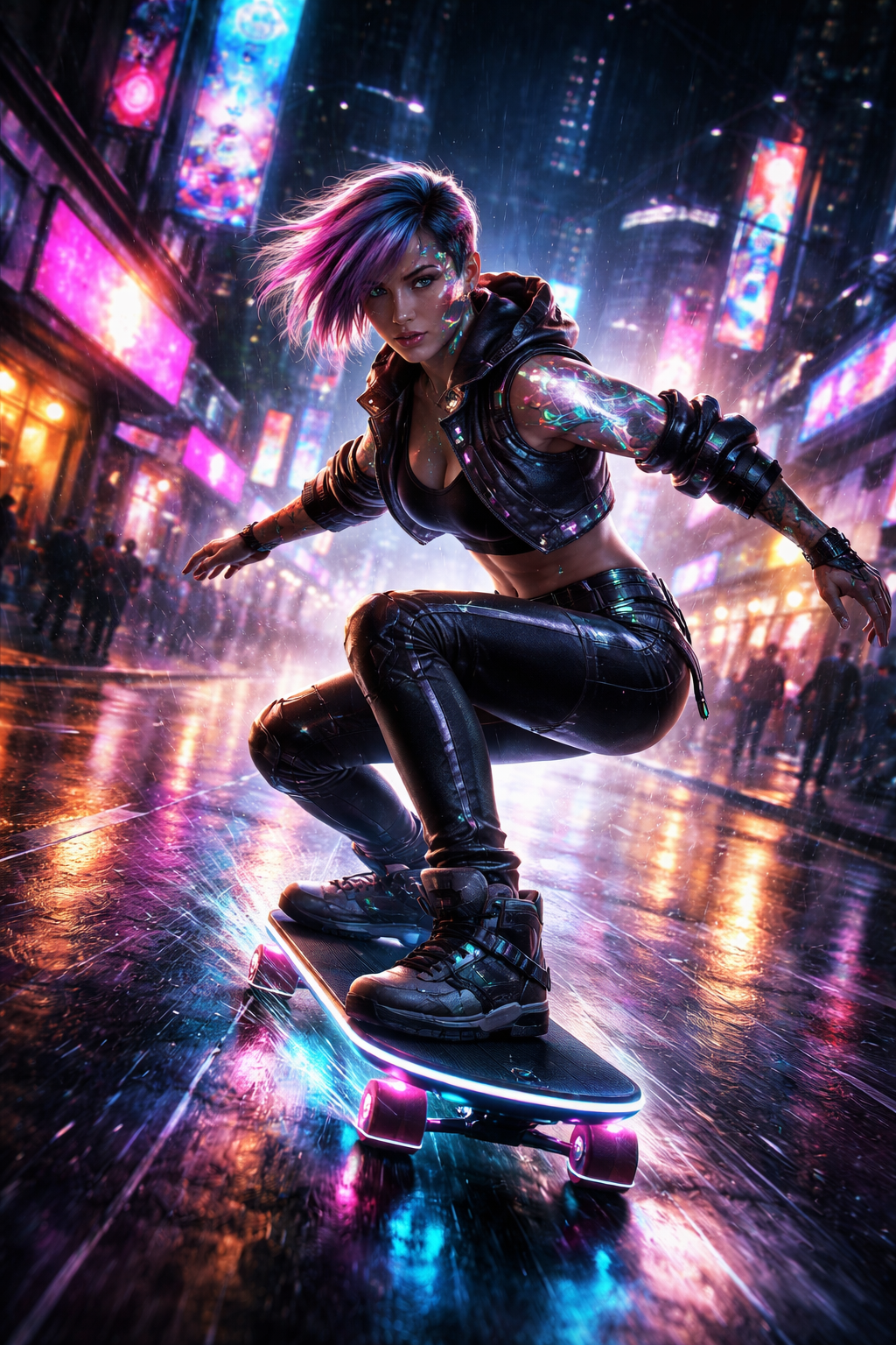 Female skateboarder with neon-purple hair performing in a rain-soaked futuristic city street.