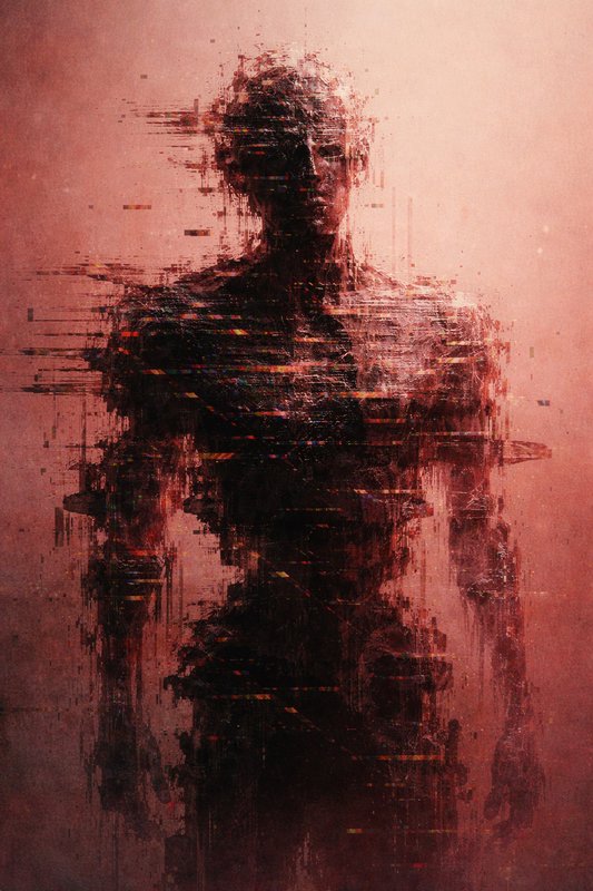 Glitchy, abstract silhouette of a human figure with red-pink tones and digital distortion.