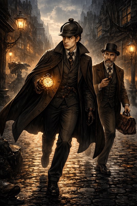 Two Victorian-era detectives walk a cobblestone street at night, one glowing with a pocket watch.