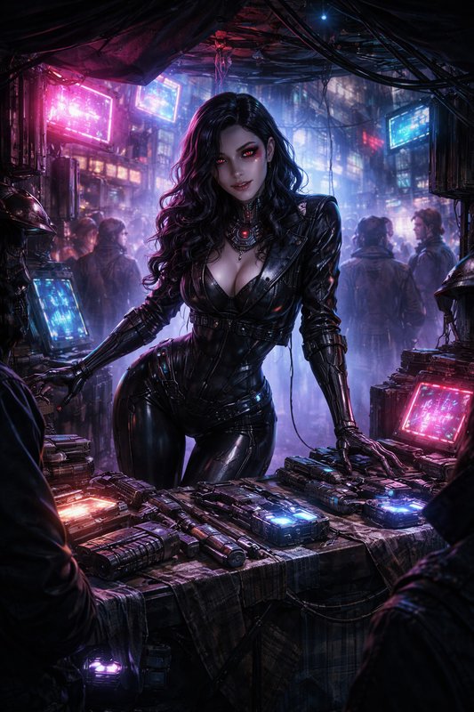 Cyberpunk femme fatale in a shiny black leather jumpsuit at a neon-lit tech market booth.