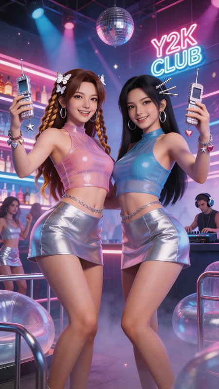 Two women in metallic pastel outfits strike a pose in a neon Y2K nightclub.
