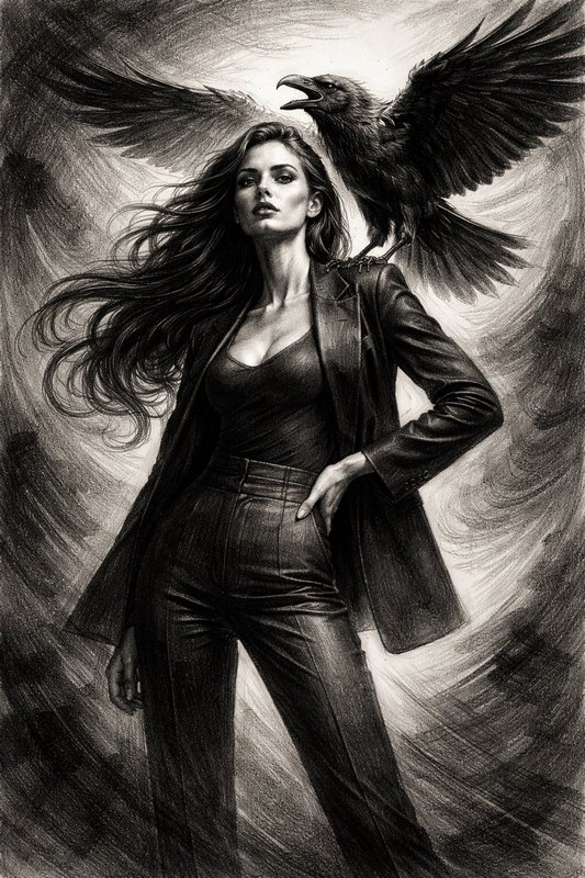 Black-and-white illustration of a confident woman in a leather jacket with a raven behind her amid stormy swirls.