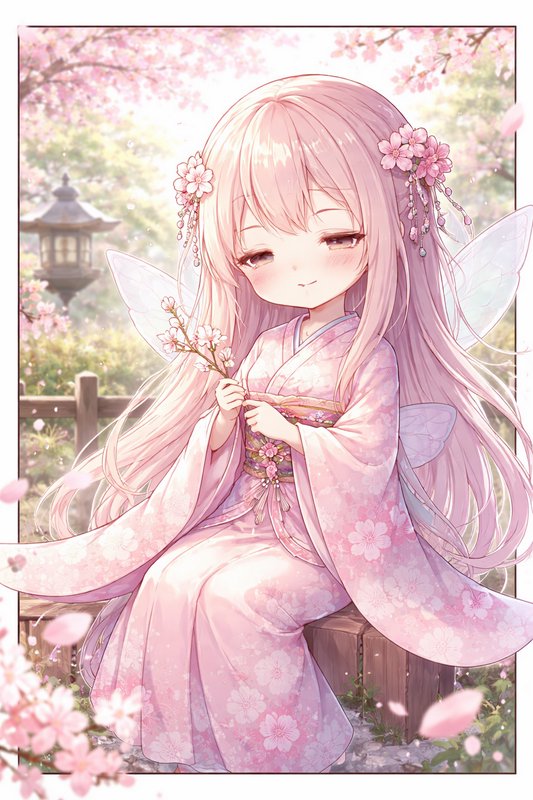 Chibi anime girl in a pink floral kimono with flower accessories, sitting among cherry blossoms in a serene garden.