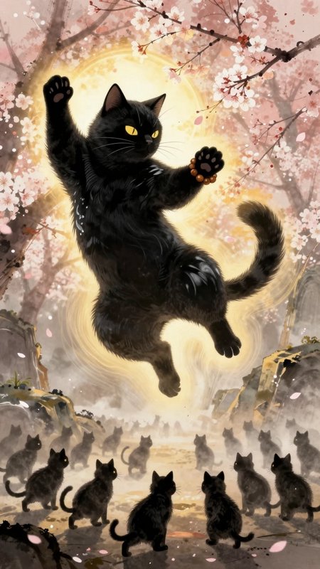 Black cat leaping under a glowing moon among blooming cherry blossoms with a pack of kittens watching.