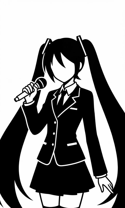 Silhouette of an anime-style girl in a school uniform singing into a microphone with long twin tails.