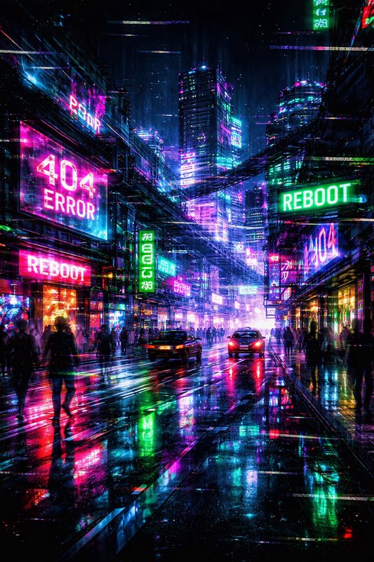 Neon-lit rainy city street with 404 ERROR and REBOOT signs in a cyberpunk metropolis.