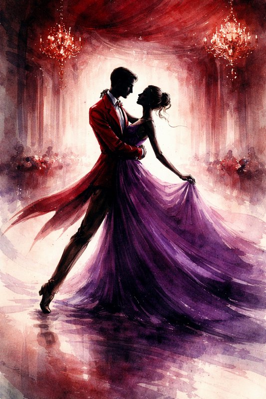 Silhouetted couple dancing a ballroom waltz in a red jacket and flowing purple gown under chandeliers.
