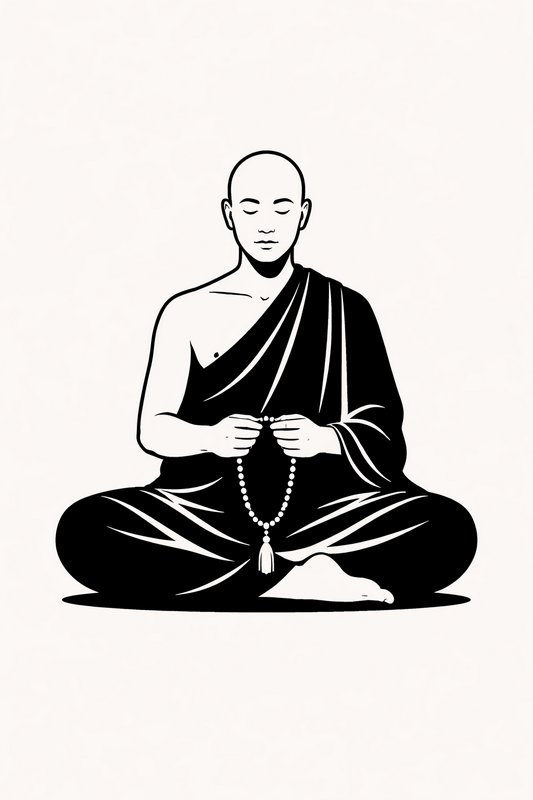 Minimalist black-and-white illustration of a bald monk meditating in a cross-legged pose with pra...