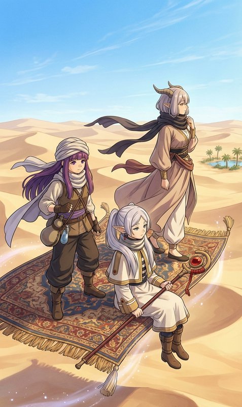 Three fantasy travelers in a desert, standing on a decorative rug with scarves and horned elf-lik...
