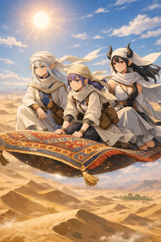 Three anime-style travelers sit on a magic carpet above a sunlit desert.