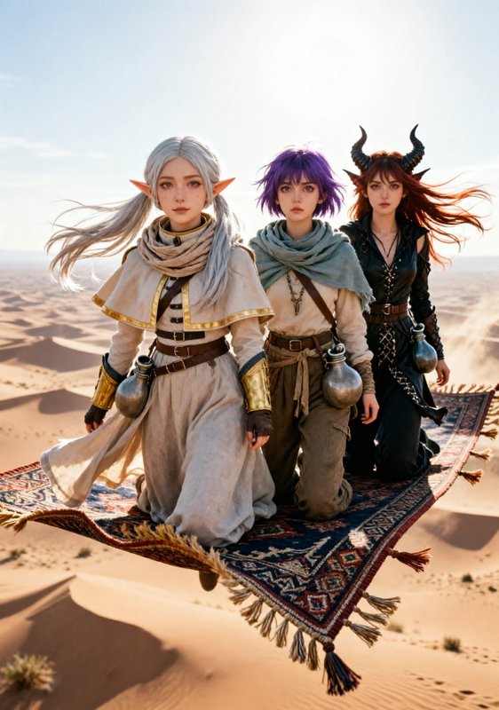 Three elf-like adventurers on a magic carpet over desert dunes