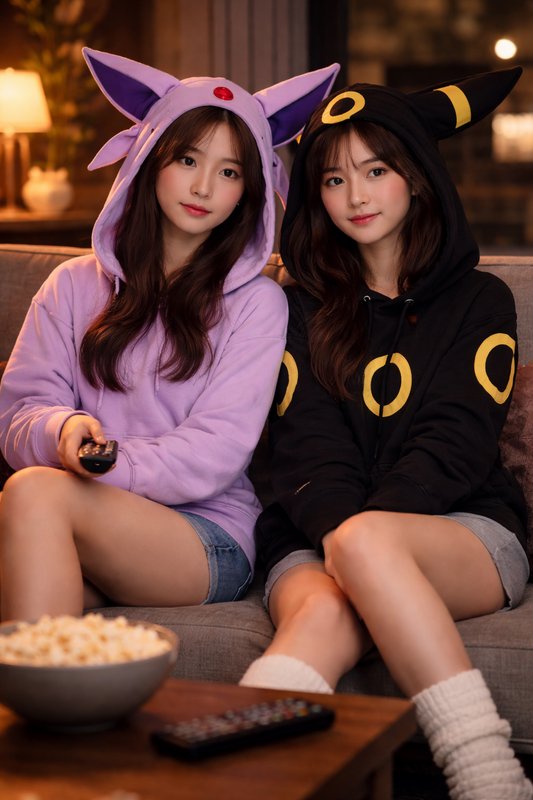 Two women in purple and black Pokemon-inspired hoodies sit on a sofa, watching TV.