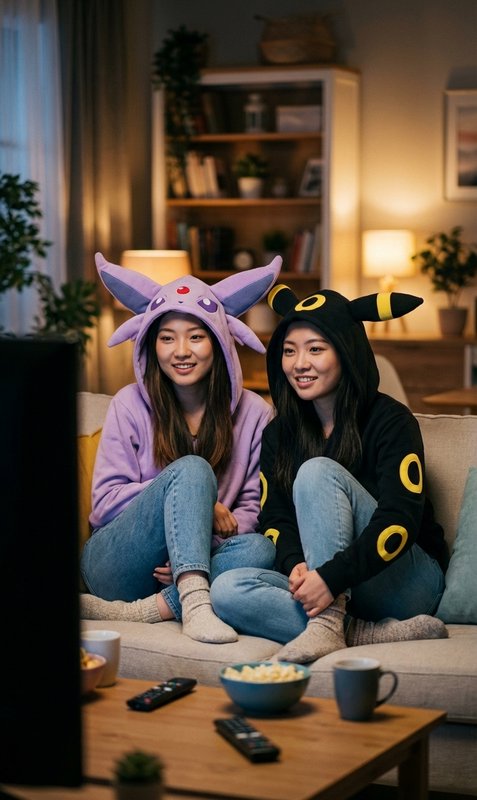Two women in Pokemon-inspired hoodies (purple and black) cuddle on a sofa watching TV.