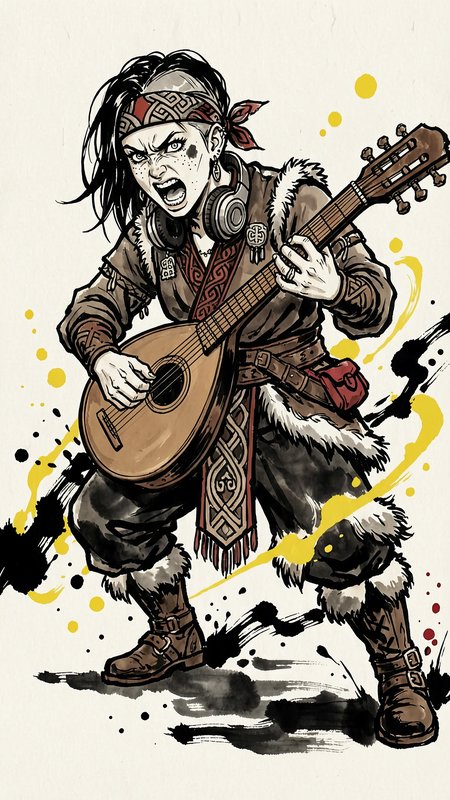 Female warrior guitarist in fur-trimmed attire with a headband, shouting while playing an acousti...