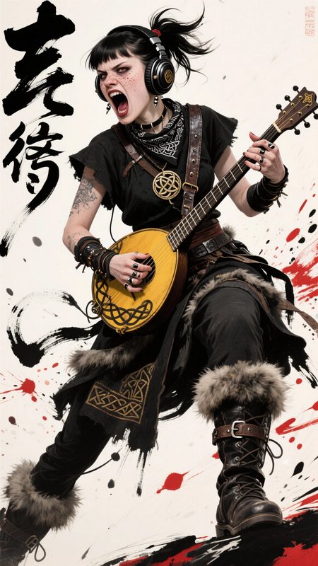 Punk rocker woman wearing headphones, screaming, playing a lute-like guitar with fur-lined boots ...