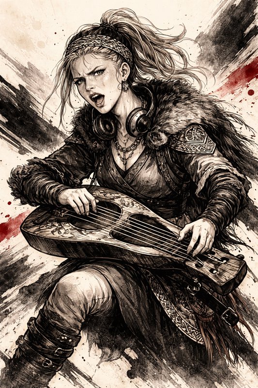 Illustration of a fierce female warrior with a fur cloak playing a lute in sepia tones with red s...