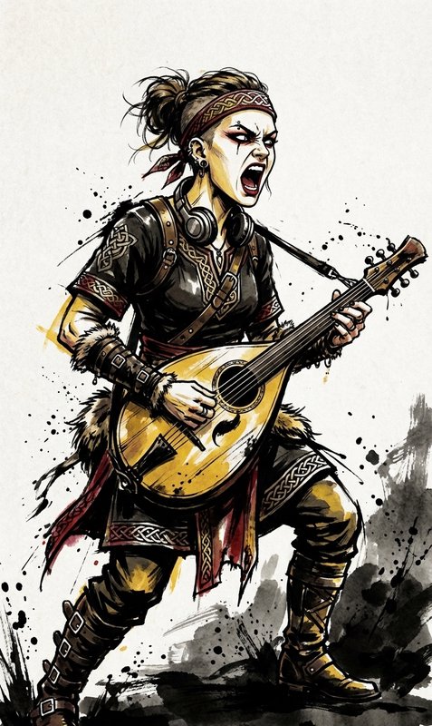 Energetic female warrior in tribal armor shouting while playing a lute-like guitar.