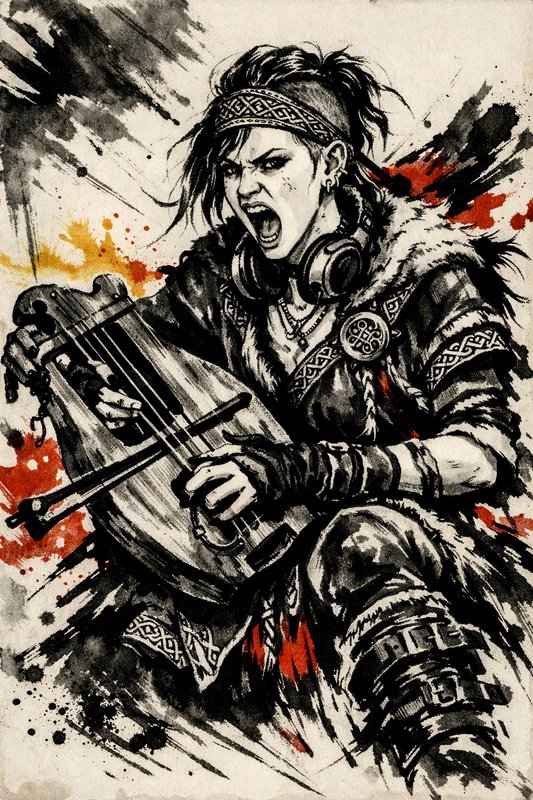 Fierce female warrior in fur cloak plays a hurdy-gurdy, black-and-white illustration with red and...