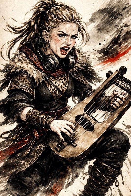 Fierce female warrior in fur cloak playing a hurdy-gurdy in a dynamic fantasy battle pose.