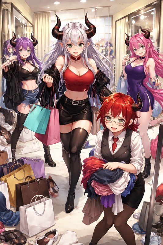 Anime demon girls with horns shopping in a clothing store; central white-haired figure in a red t...