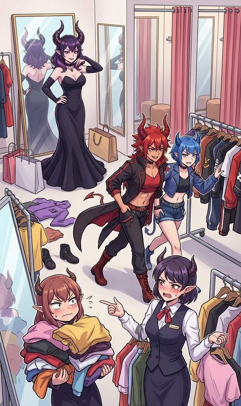 Anime-style demons in a clothing store trying on outfits, with horns and tails.