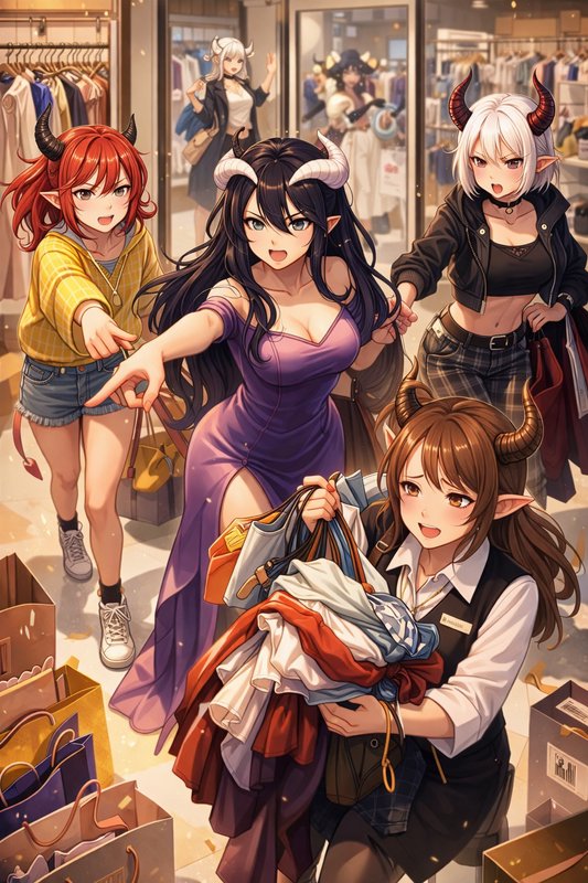 Group of horned anime characters shopping in a boutique, central figure in a purple dress points ...