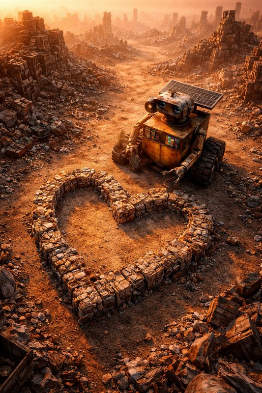 Rusty solar-powered robot beside a stone heart in a barren, rocky wasteland
