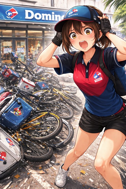 Anime-style Domino’s delivery rider in blue-red uniform with helmet, surprised expression, on a b...