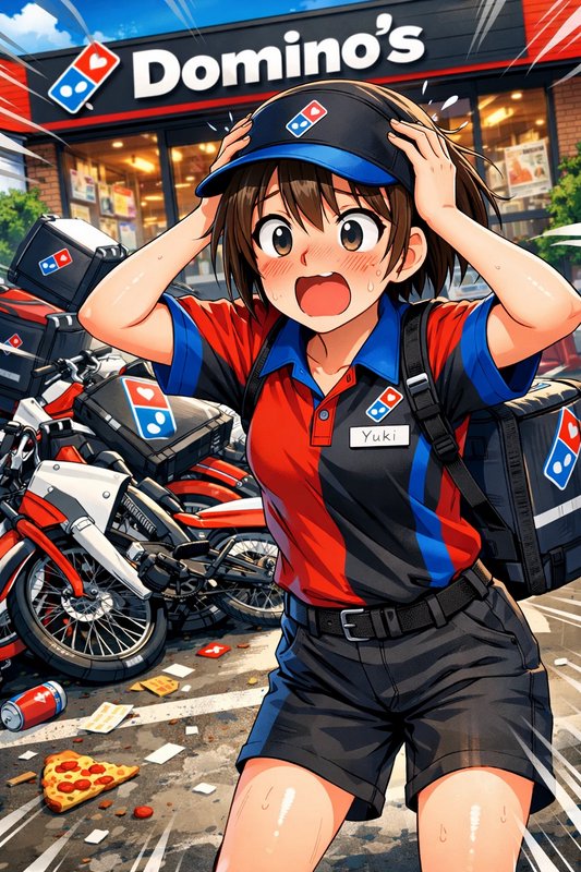 Anime-style Domino's delivery girl in a red-blue uniform, holding her cap with shocked expression...