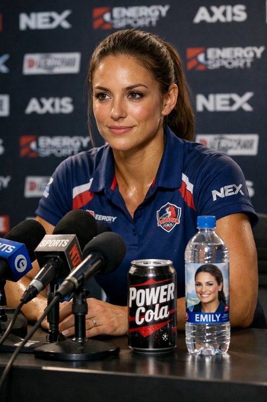 Female athlete at a press conference in a blue polo, with microphones and a Power Cola can on the...