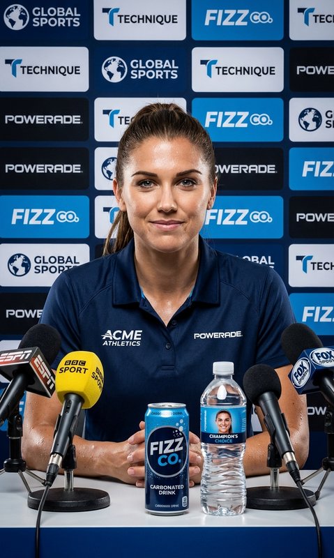 Female athlete at a press conference with branded sponsors and hydration drinks on the table.