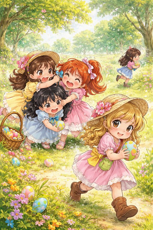 Cute anime girls in dresses collecting colorful Easter eggs in a sunny meadow.