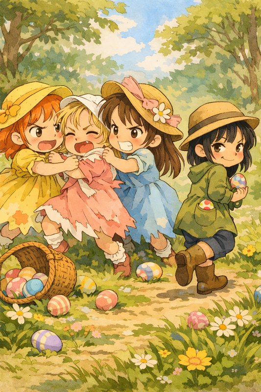 Four cheerful children in hats and dresses tug at each other over Easter eggs in a sunny meadow.