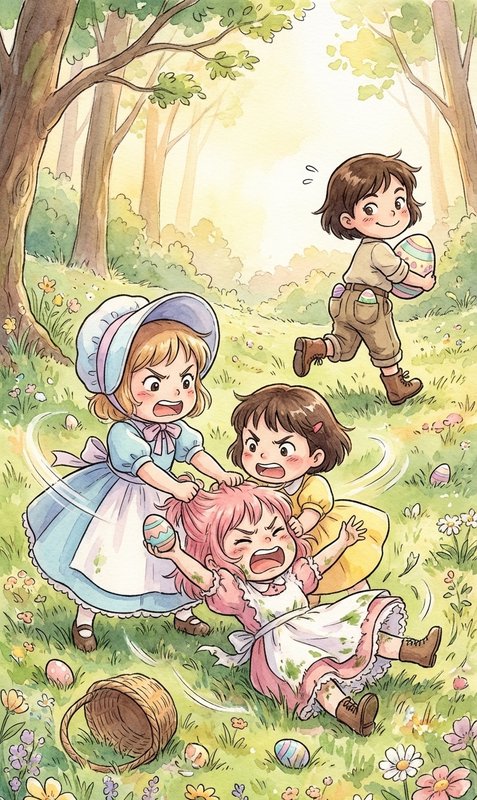 Whimsical illustration of three girls and a boy in a sunny meadow; two girls pull a crying girl w...