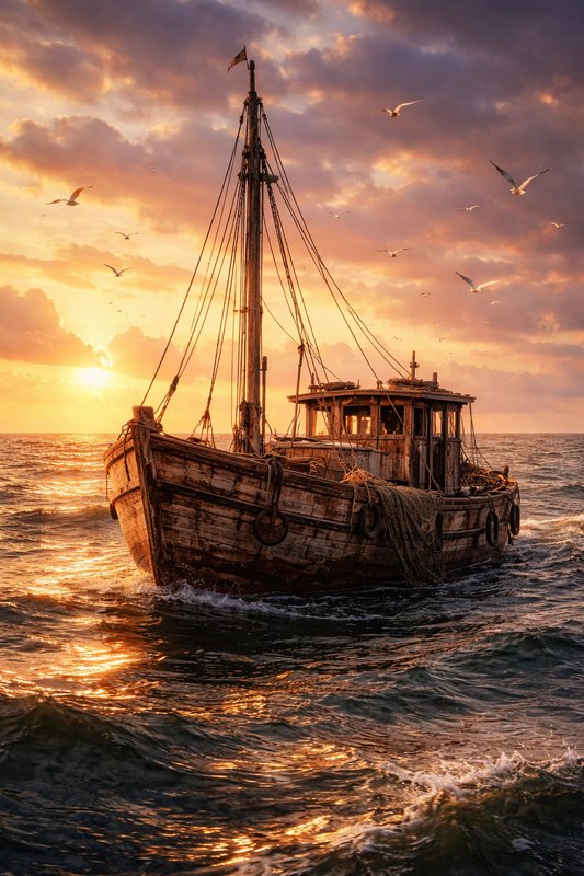 Old weathered fishing boat on choppy sea at sunset with seagulls in the sky