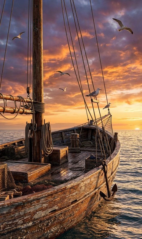 Weathered wooden sailboat on calm sea at sunset with seagulls flying overhead.