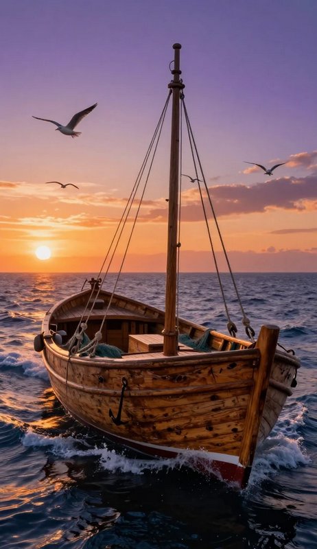Wooden sailboat on the sea at sunset with seagulls flying overhead.