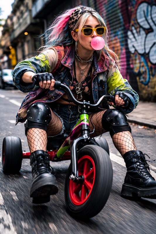 Person with colorful punk hair on a small trike in an urban setting, blowing a pink bubble.