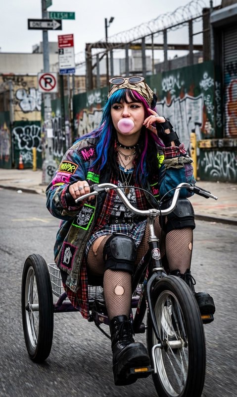 Person with colorful hair riding a tricycle in a graffiti-covered urban street, blowing a bubble.