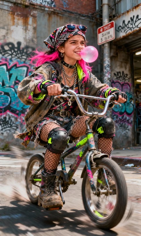 Punk biker with pink hair riding a graffiti-covered city street on a chrome bike.