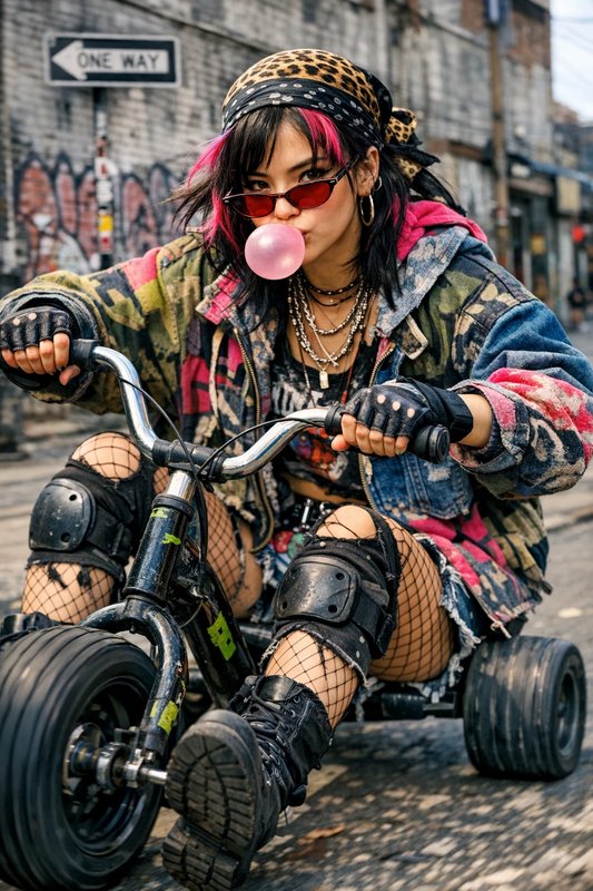 Punk fashion cyclist on a tricycle blowing a pink bubblegum bubble.